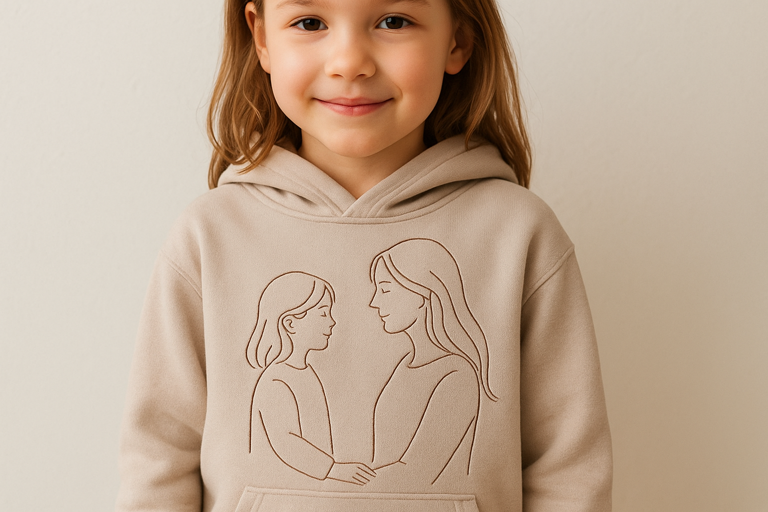 girl wearing hoody with her and her mom's embroidery outline  